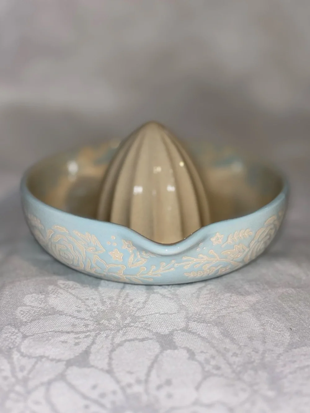 Vintage Pastel Blue Ceramic Citrus Juicer Rose Floral Cottagecore Reamer
